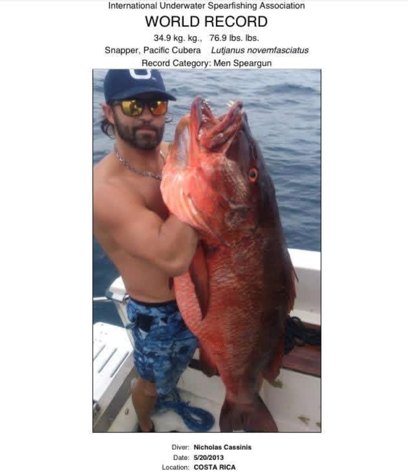 Nick Cassinis holding his IUSA world record Pacific Cubera Snapper, speared off Costa Rica in 2013